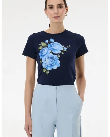 Tricou cu decolteu la baza gatului si imprimeu grafic, Albastru ultramarin