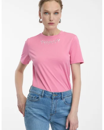 Tricou din amestec de bumbac cu decoratiuni in zona decolteului, Roz