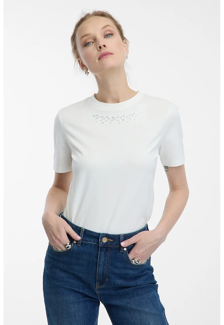 Tricou din amestec de bumbac cu decoratiuni in zona decolteului, Alb