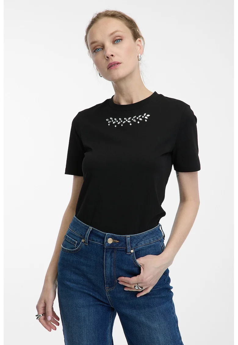 Tricou din amestec de bumbac cu decoratiuni in zona decolteului, Negru