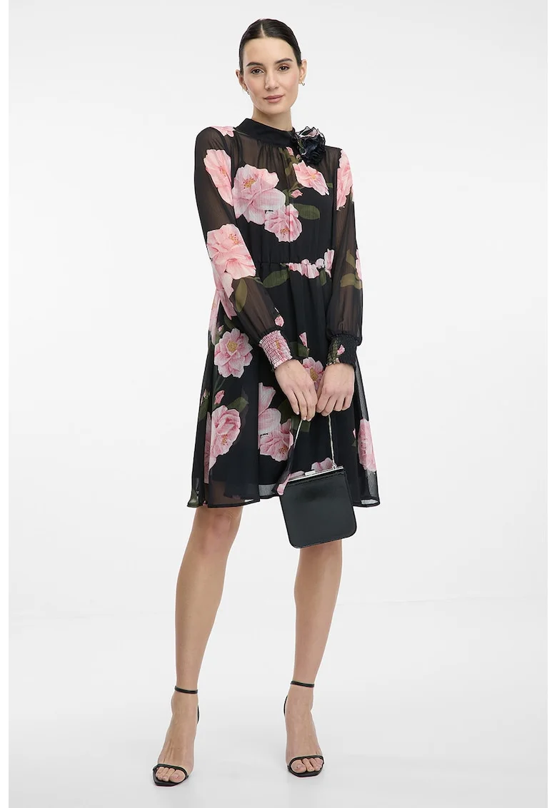 Rochie scurta vaporoasa cu model floral, Negru/Roz