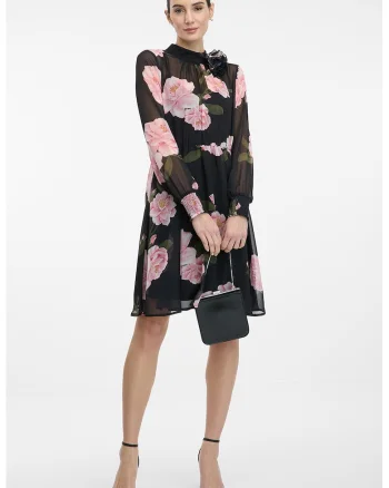 Rochie scurta vaporoasa cu model floral, Negru/Roz