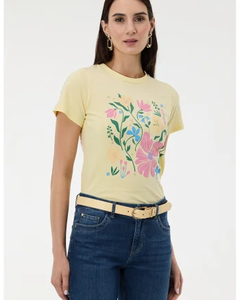 Tricou regular fit cu imprimeu floral, Galben pastel/Roz