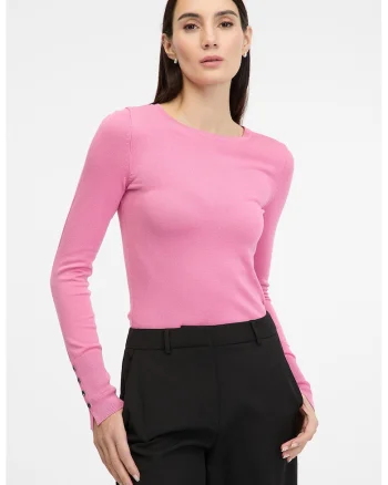 Pulover slim fit cu mansete cu nasturi, Roz