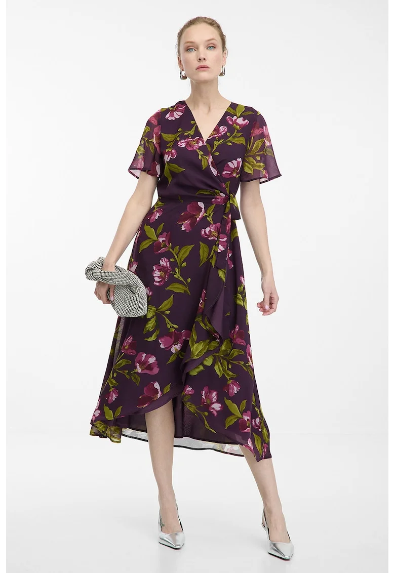 Rochie cu model floral si croiala petrecuta, Verde/Violet/Roz