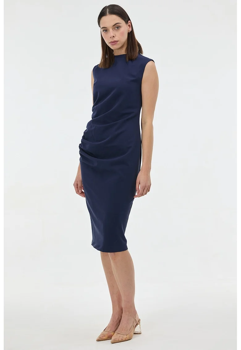 Rochie midi fara maneci cu detaliu drapat, Albastru ultramarin