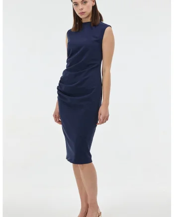 Rochie midi fara maneci cu detaliu drapat, Albastru ultramarin