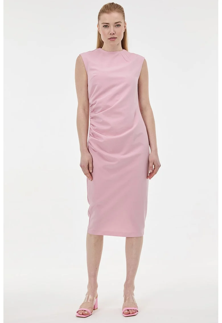 Rochie midi fara maneci cu detaliu drapat, Roz stins