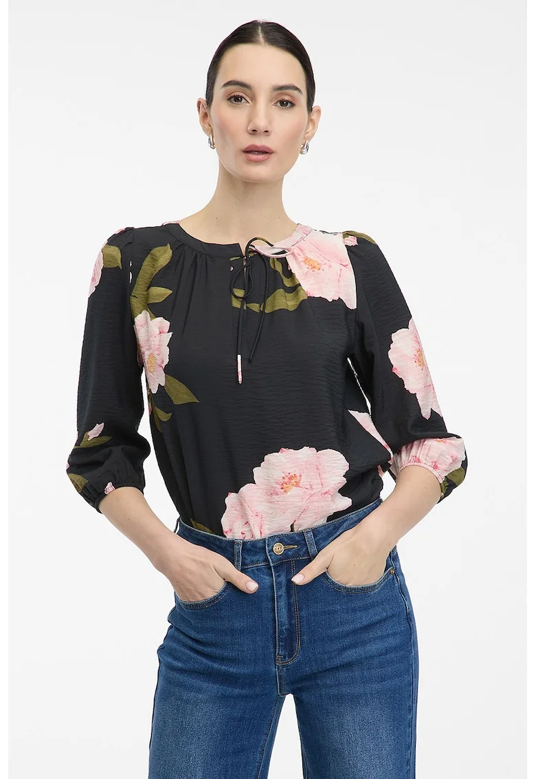 Bluza cu imprimeu floral si maneci 3/4, Albastru ultramarin/Roz