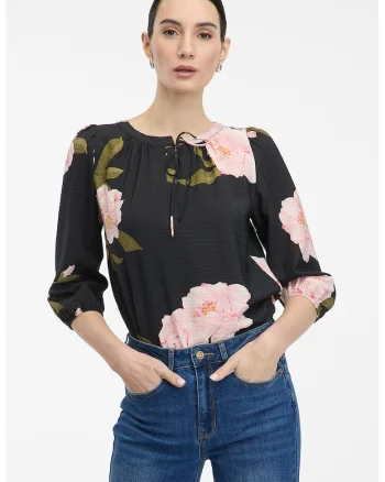 Bluza cu imprimeu floral si maneci 3/4, Albastru ultramarin/Roz