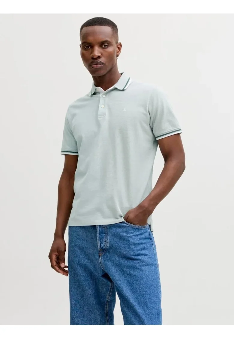 Tricou polo barbati, Slim fit cu guler contrast, Verde deschis,