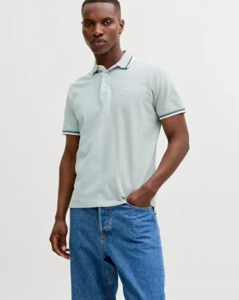 Tricou polo barbati, Slim fit cu guler contrast, Verde deschis,
