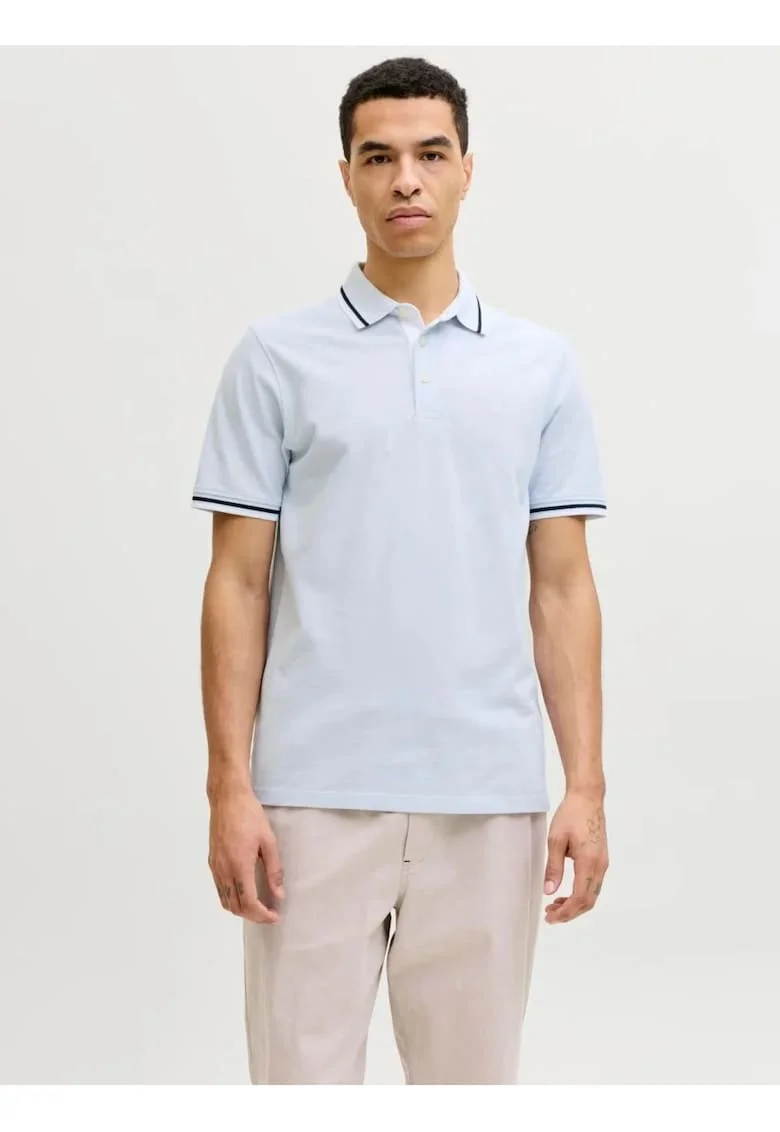 Tricou polo barbati, Slim fit cu guler contrast, Albastru deschis,