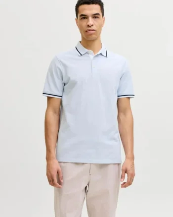 Tricou polo barbati, Slim fit cu guler contrast, Albastru deschis,
