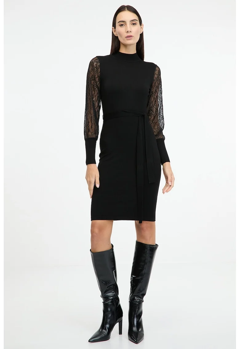 Rochie midi cu maneci din dantela, Negru