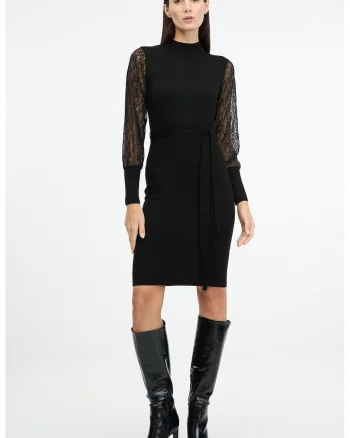 Rochie midi cu maneci din dantela, Negru