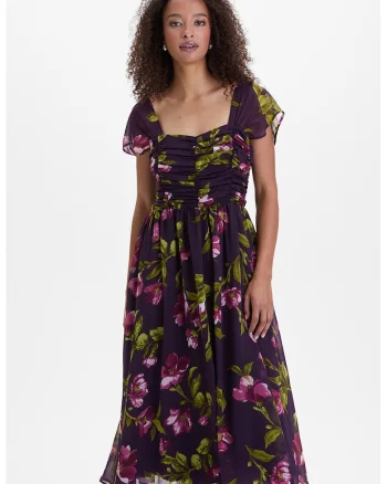 Rochie vaporoasa cu model floral, Violet/Verde masliniu
