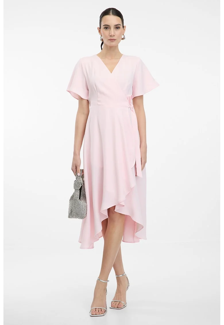Rochie cu decolteu in V, model petrecut si terminatie asimetrica, Violet/Verde masliniu