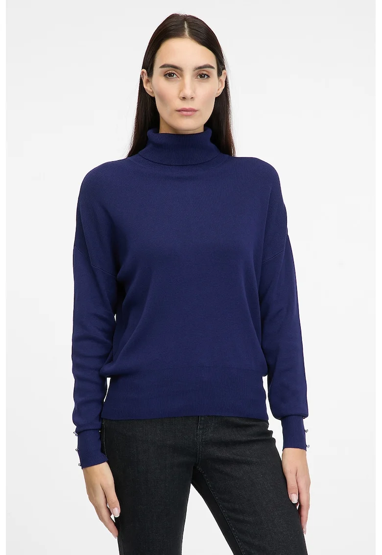Pulover cu model uni si mansete cu nasturi decorativi, Albastru inchis