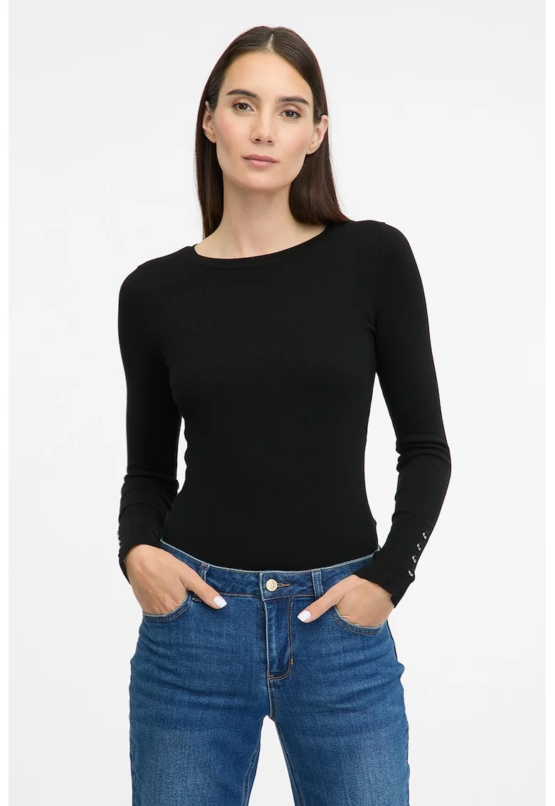 Pulover slim fit cu mansete cu nasturi, Negru