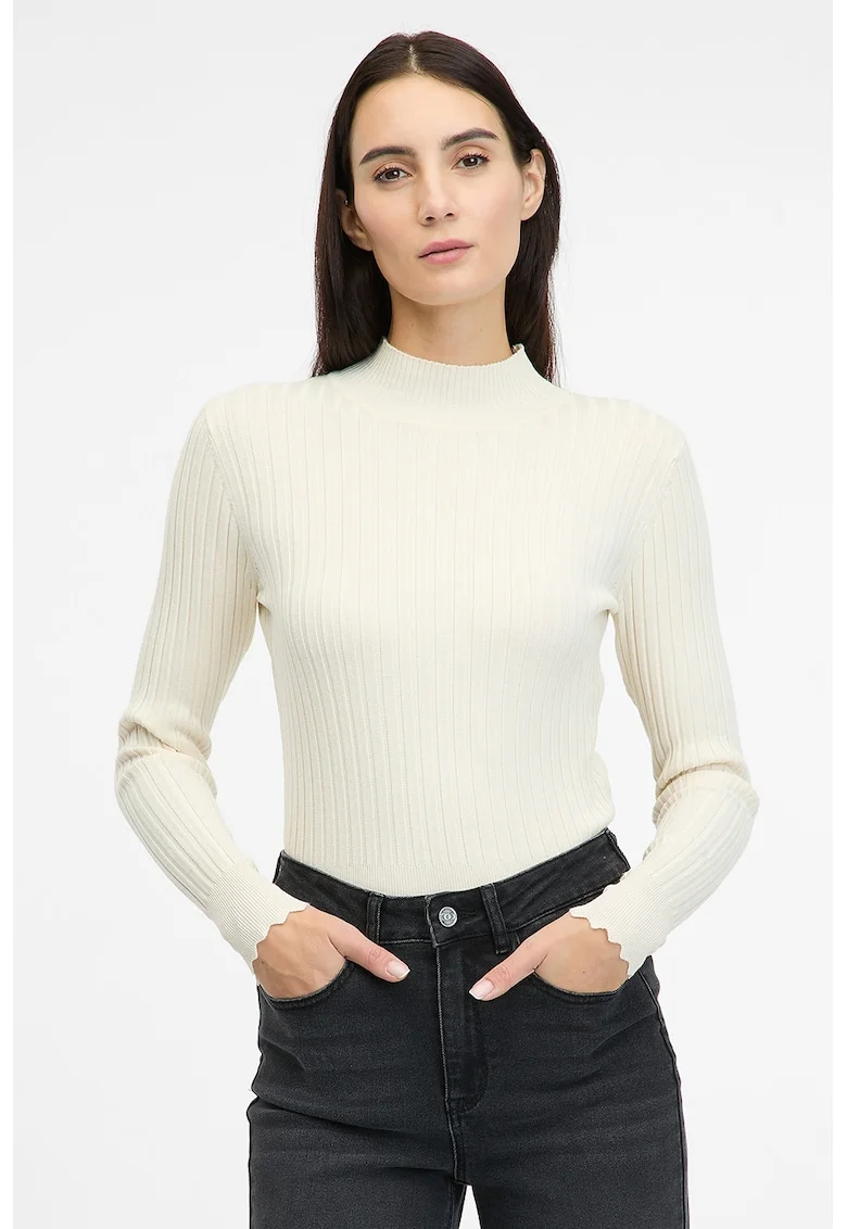 Pulover slim fit striat, Crem