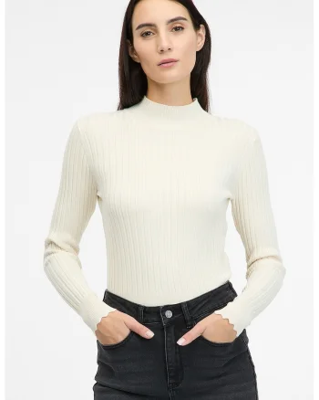 Pulover slim fit striat, Crem