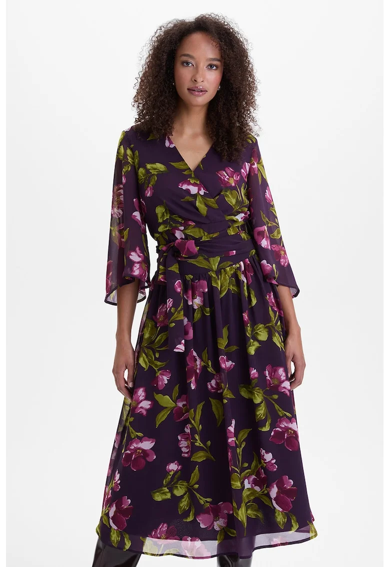 Bluza cu imprimeu floral si decolteu in V, Violet/Verde masliniu