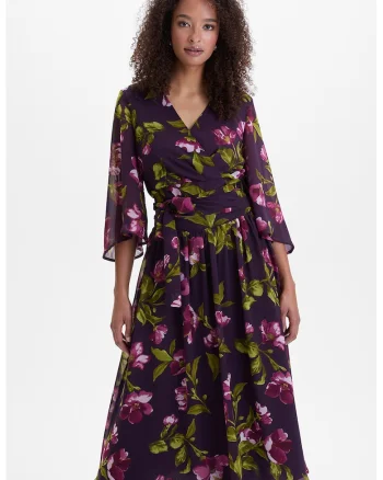 Bluza cu imprimeu floral si decolteu in V, Violet/Verde masliniu