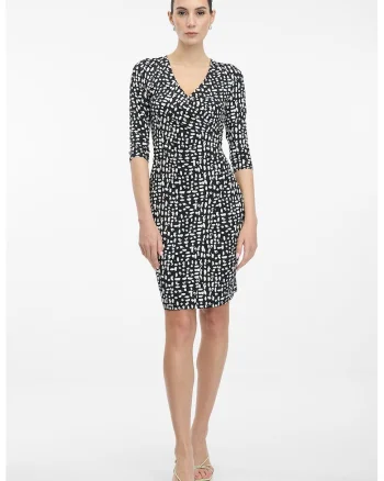 Rochie midi cambrata cu decolteu in V, Negru/Alb murdar