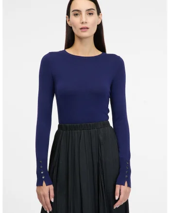 Pulover slim fit cu mansete cu nasturi, Albastru inchis
