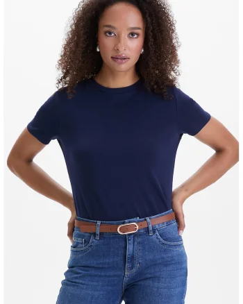 Tricou din amestec de bumbac cu decolteu la baza gatului, Bleumarin
