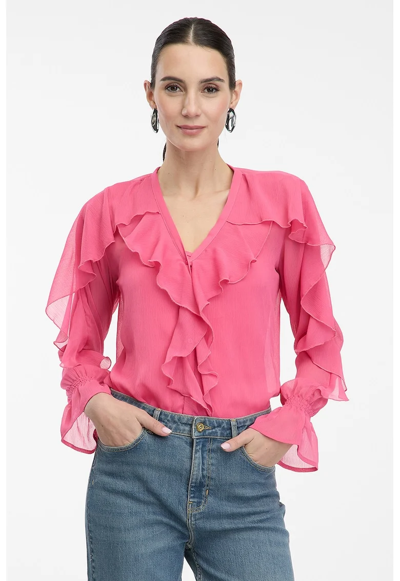 Bluza cu volane si decolteu in V, Fucsia