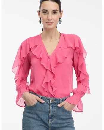 Bluza cu volane si decolteu in V, Fucsia