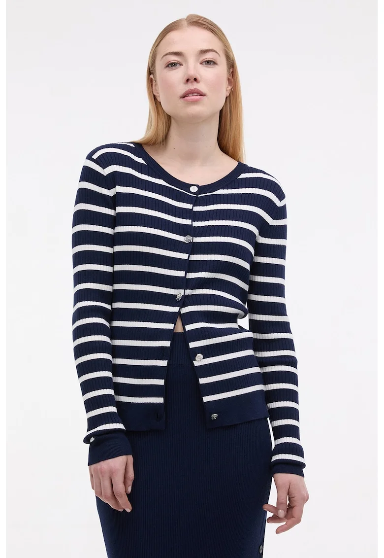 Cardigan cu model in dungi si nasturi, Alb/Bleumarin