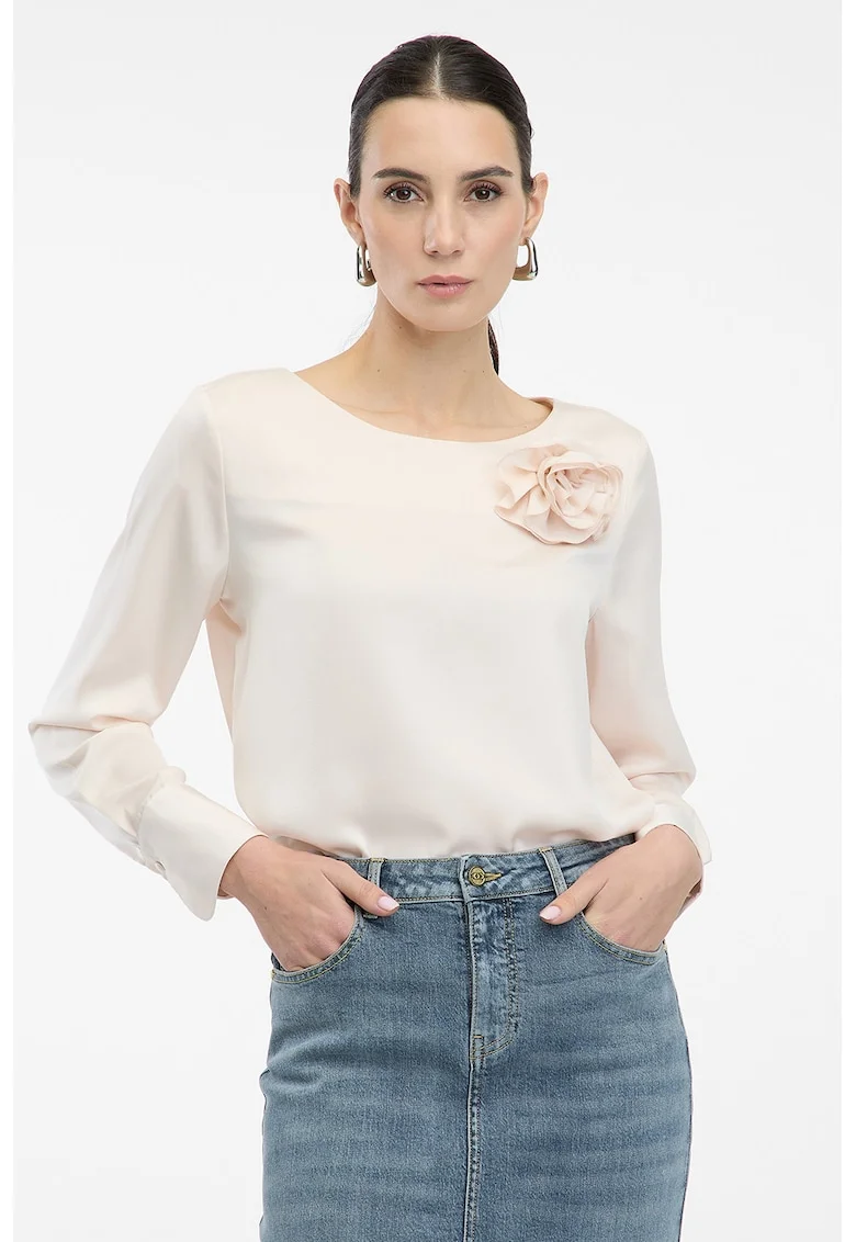 Bluza cu aspect satinat si aplicatie florala, Roz pal