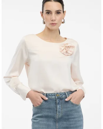 Bluza cu aspect satinat si aplicatie florala, Roz pal
