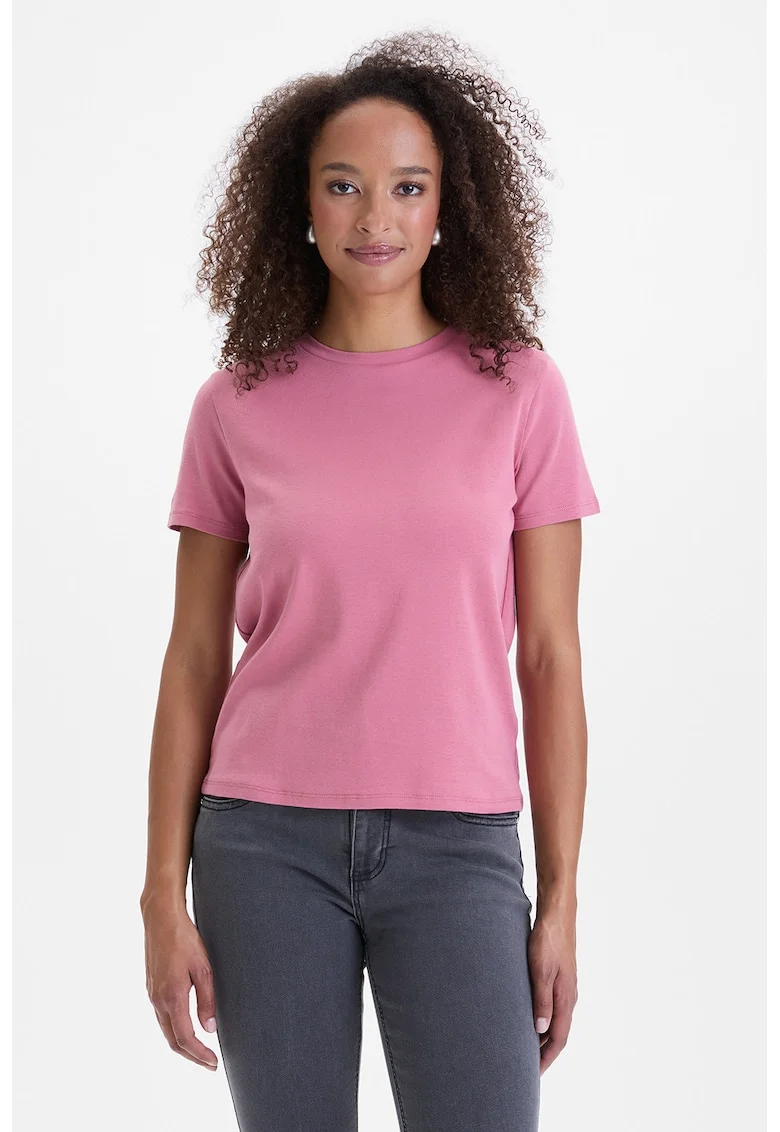 Tricou din amestec de bumbac cu decolteu la baza gatului, Roz