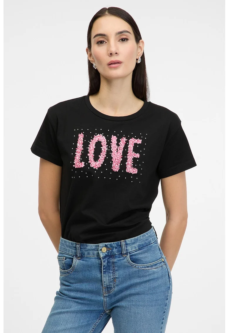 Tricou din bumbac cu imprimeu text si strasuri, Negru/Roz