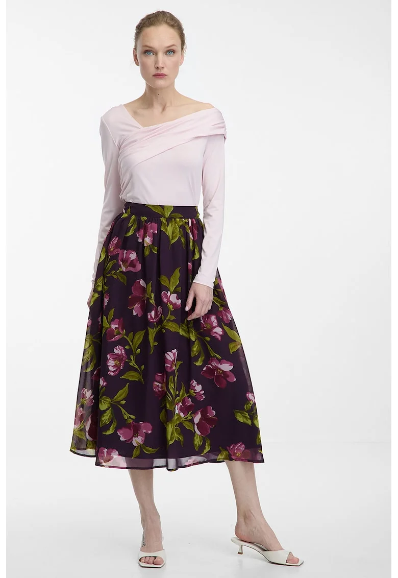 Rochie midi evazata cu model floral, Violet/Verde masliniu