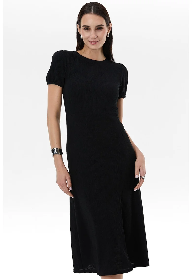 Rochie midi texturata cu slit frontal, Negru