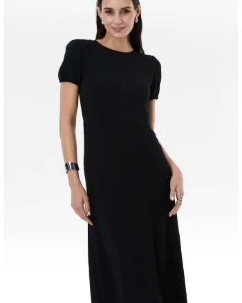 Rochie midi texturata cu slit frontal, Negru