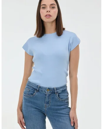 Bluza tricotata fin cu model uni, Albastru pastel