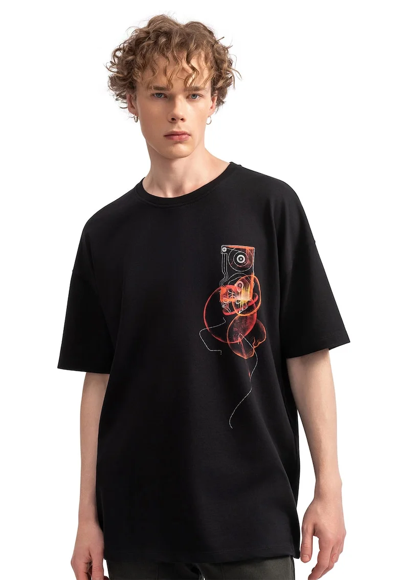 Tricou unisex cu imprimeu abstract, Negru/Coral