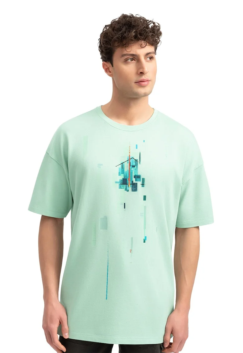 Tricou unisex cu imprimeu geometric, Portocaliu/Verde pal