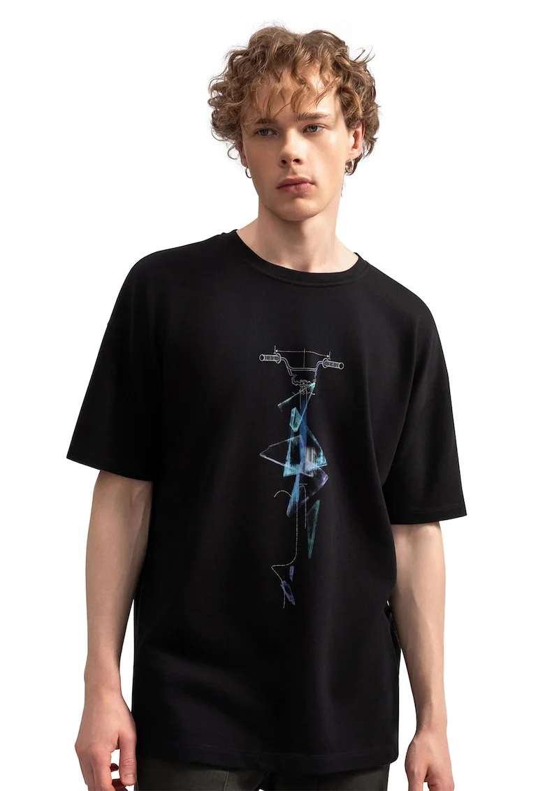 Tricou unisex cu imprimeu, Albastru pastel/Negru