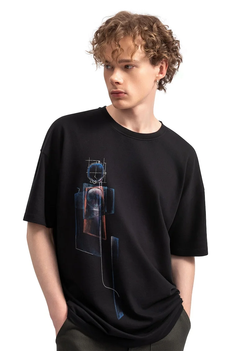 Tricou unisex de bumabc cu imprimeu, Negru/Albastru inchis
