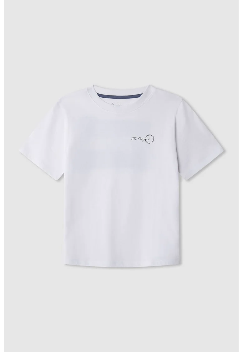 Tricou cu decolteu la baza gatului si imprimeu pe spate, Alb/Negru/Maro taupe