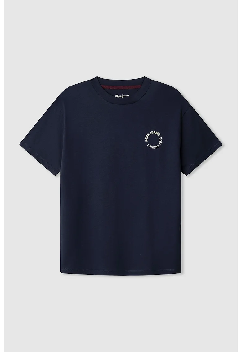 Tricou cu decolteu la baza gatului si imprimeu grafic, Alb fildes/Albastru ultramarin