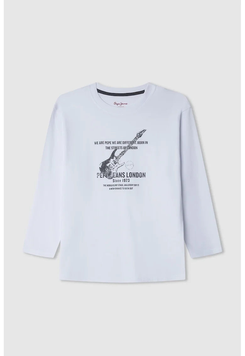 Tricou cu decolteu la baza gatului si imprimeu grafic, Alb optic/Gri inchis