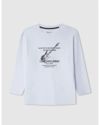 Tricou cu decolteu la baza gatului si imprimeu grafic, Alb optic/Gri inchis